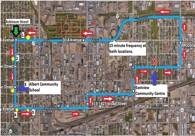 A  map of the election day bus route, bringing North Central voters to the Eastview Community Centre.