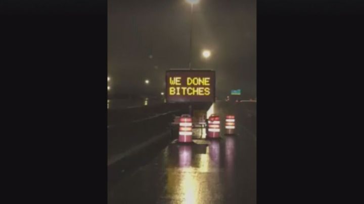 A crude, digital construction sign is getting plenty of attention on social media in Edmonton after it purportedly appeared on Anthony Henday Drive just hours after the northeast leg of the ring road was completed.