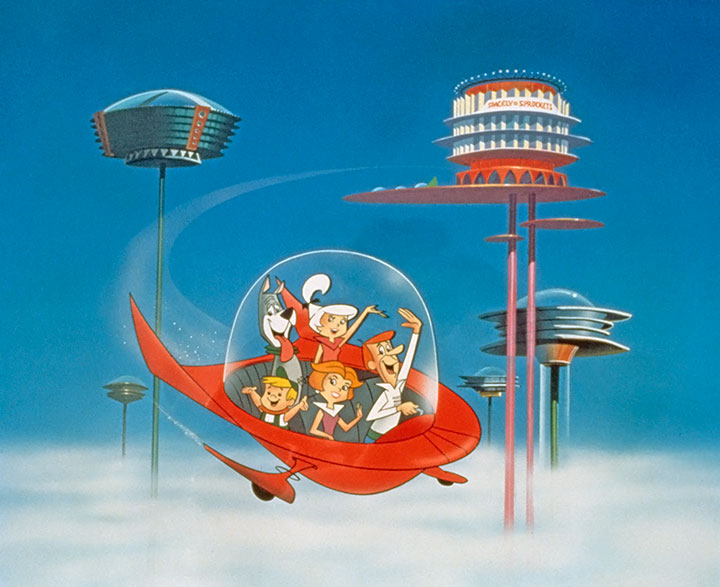 The Jetson family wave as they fly past buildings in space in their spaceship in a still from the animated television series, 'The Jetsons,' circa 1962.  Could this be what's in store in the near future?.