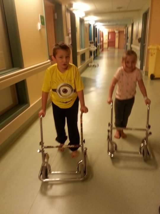 Leland and Trinity using walkers at the IWK Children’s Hospital following an accident on September 25.