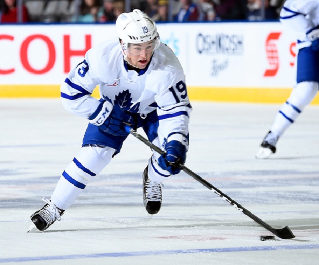 Brendan Leipsic of the Toronto Marlies controls the puck against the Providence Bruins during a game on Oct. 26, 2016 at Ricoh Coliseum in Toronto.