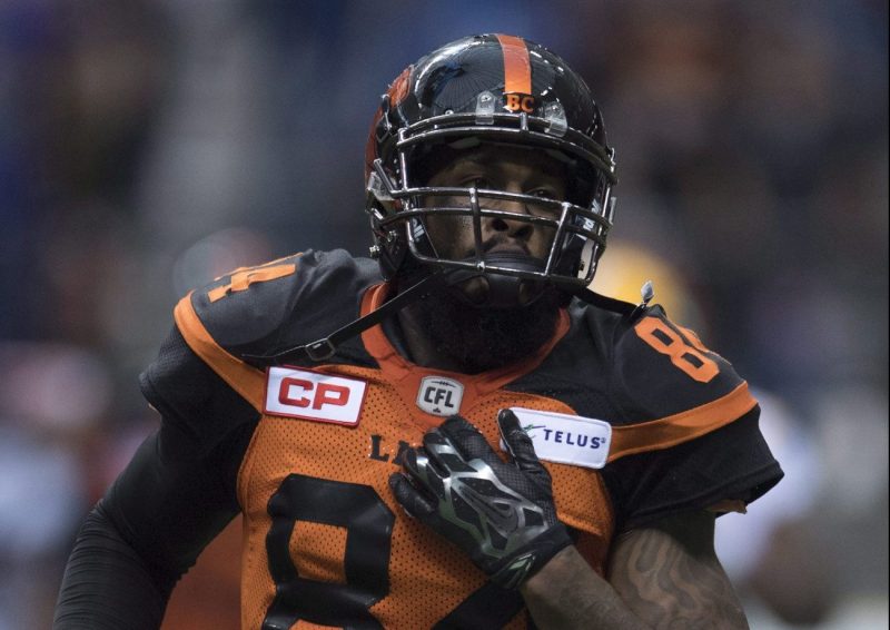 BC Lions slotback Emmanuel Arceneaux celebrates his touchdown during the first half of CFL football action against the Edmonton Eskimos, in Vancouver on Saturday, Oct. 22, 2016.