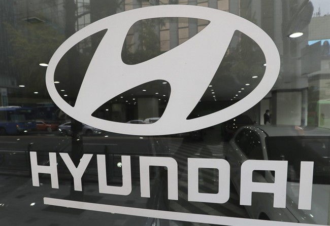 The logo of Hyundai Motor Co. is displayed at the automaker's showroom in Seoul, South Korea, Wednesday, Oct. 26, 2016.