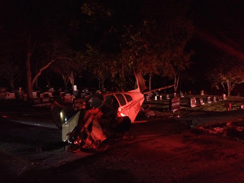 Firefighters are on scene at a plane crash at the hillside cemetery. The pilot was taken to hospital.