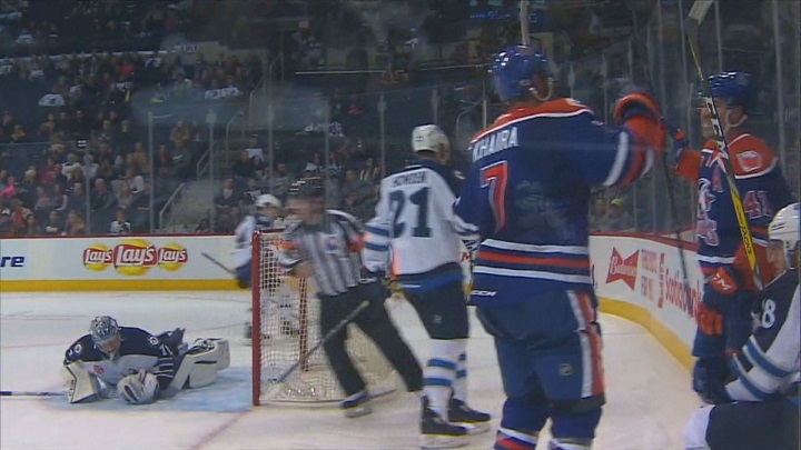 Bakersfield Condors forward Jujhar Khaira celebrates his first period goal against the Manitoba Moose.