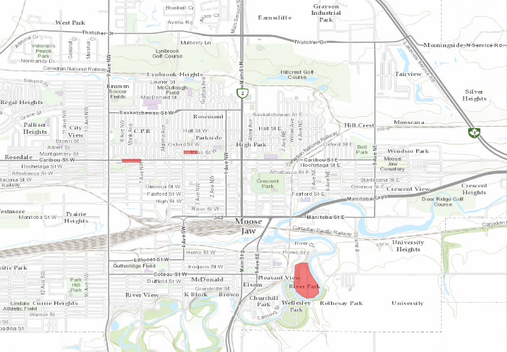 The City of Moose Jaw said Tuesday that about 200 properties have been affected by six water main breaks. The areas in red are under a boil water advisory.  