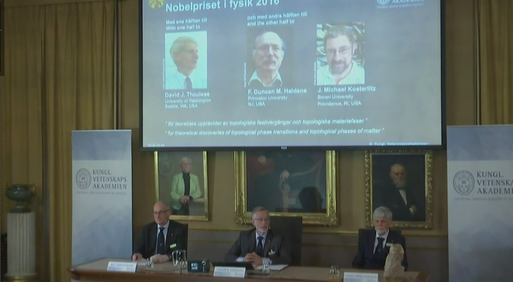 The Nobel Prize in physics was awarded to three scientists in Stockholm, Sweden on Tuesday, Oct. 4, 2016.