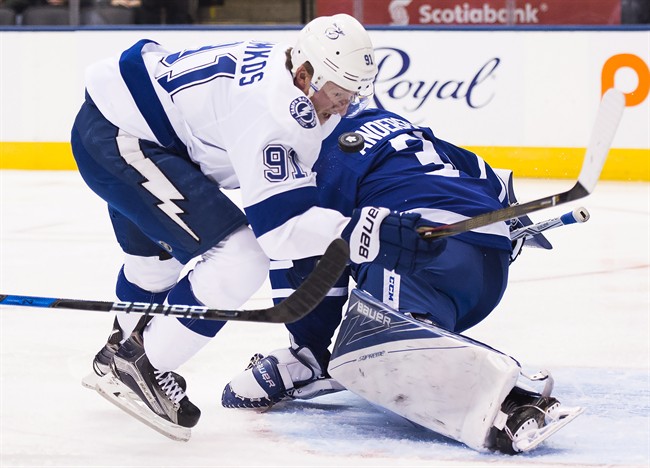 Tampa Bay Lightning centre Steven Stamkos (91) scores past Toronto Maple Leafs goalie Frederik Andersen (31) during first period NHL hockey action in Toronto on Tuesday, October 25, 2016. THE CANADIAN PRESS/Nathan Denette.