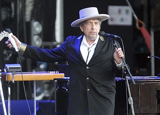 This July 22, 2012, file photo shows U.S. singer-songwriter Bob Dylan performing onstage at "Les Vieilles Charrues" Festival in Carhaix, western France. Dylan won the 2016 Nobel Prize in literature, announced Thursday, Oct. 13, 2016.