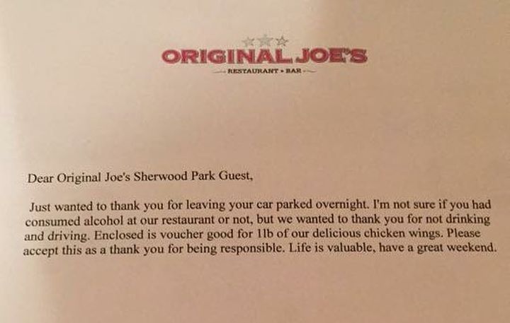 Original Joe's Sherwood Park left this message for a patron who left their vehicle in the parking lot overnight. 
