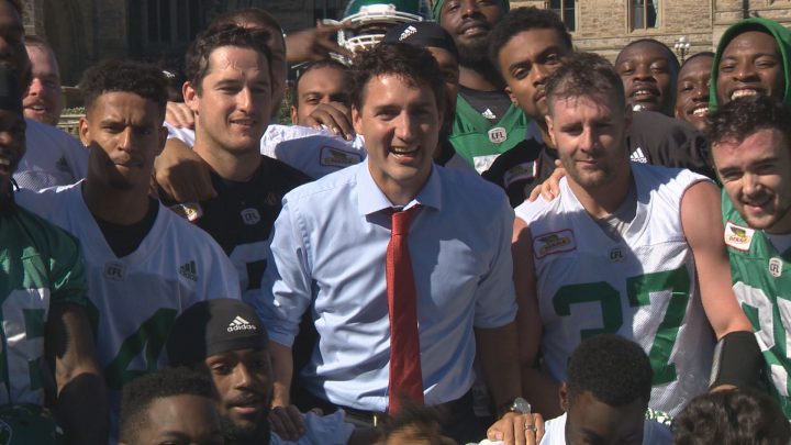 The Saskatchewan Roughriders held their workout Tuesday on Parliament Hill in Ottawa and Prime Minister Justin Trudeau made a surprise appearance.