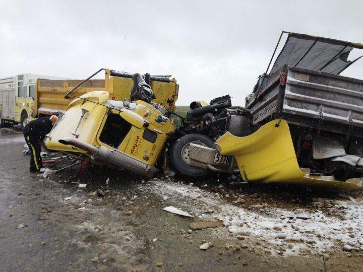 Two trucks were involved in a head-on collision on Range Road 11 Oct. 7, 2016.
