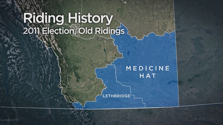 Boundaries of southern Alberta federal ridings ahead of the 2012 general election.