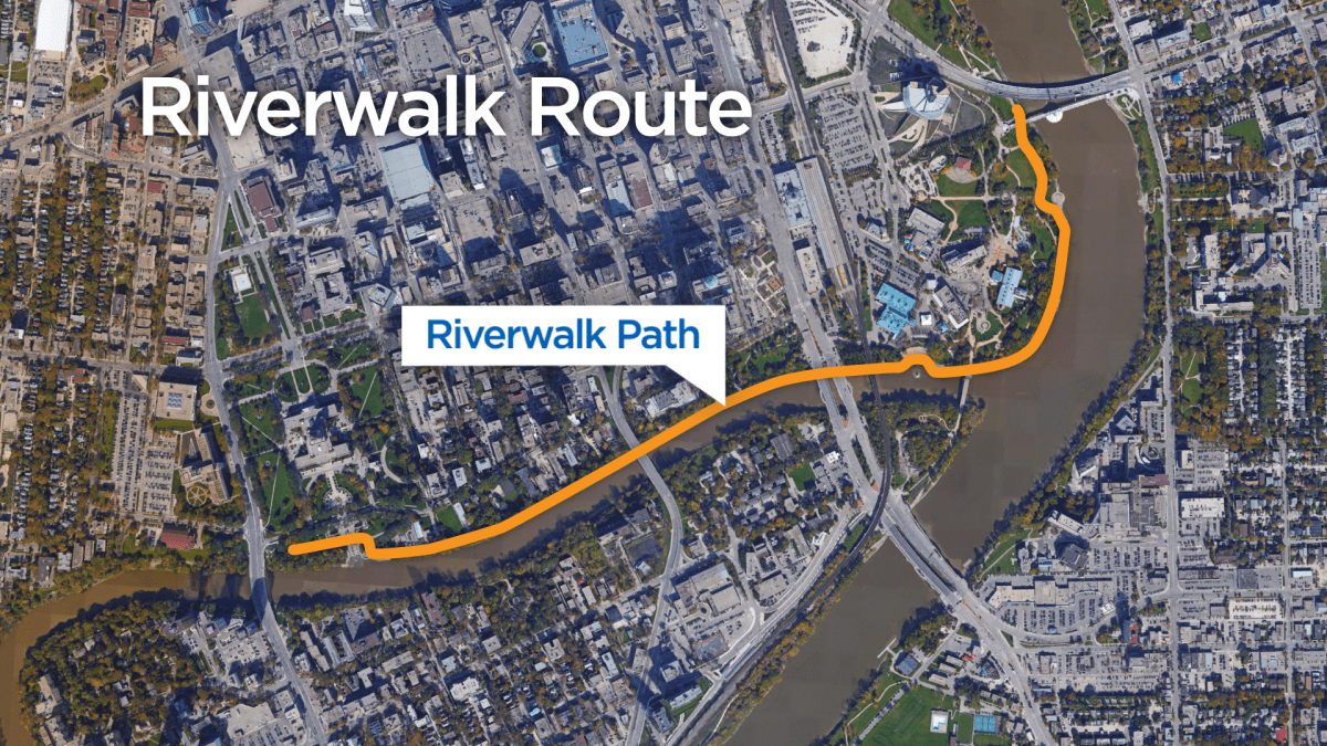 The Assiniboine Riverwalk winds along the riverbanks from underneath Esplanade Riel all the way to the foot of the Manitoba Legislature.