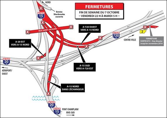 Map shows road closures affecting Turcot Interchange starting Friday, Oct. 7, 2016.
