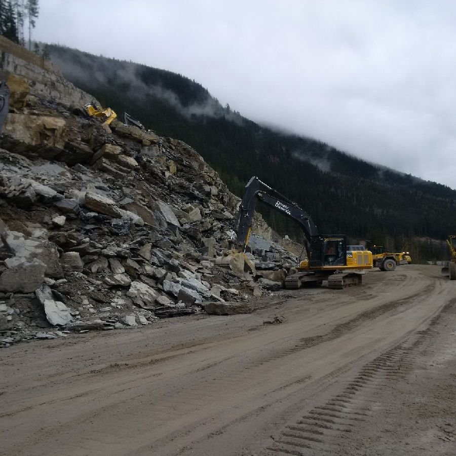 Work to stabilize the rock face along Highway 1 near Field, BC, continues following a massive rockslide. (Photo courtesy:  Parks Canada).
