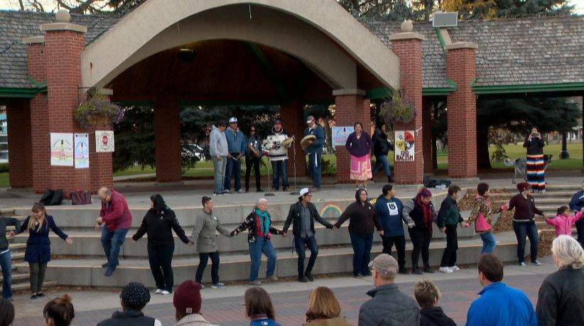 Round dance held at Galt Gardens to unite the community after a young woman was viciously assaulted.