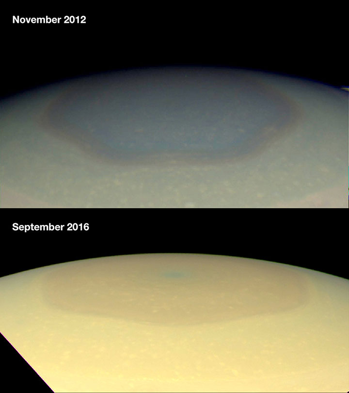 What's causing Saturn's bizarre hexagonal storm to change colour