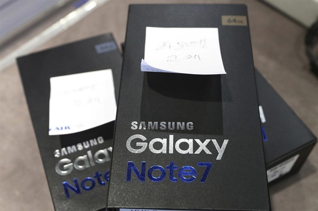 FILE - In this Thursday, Oct. 13, 2016, file photo, returned boxes of Samsung Electronics' Galaxy Note 7 smartphones are placed at a shop of South Korean mobile carrier in Seoul, South Korea. Hundreds of South Korean Galaxy Note 7 smartphone owners filed a lawsuit against Samsung Electronics on Monday, Oct. 24, 2016, over its handling of the fire-prone device in the first series of legal actions facing the South Korean tech giant at home. (AP Photo/Lee Jin-man, File).