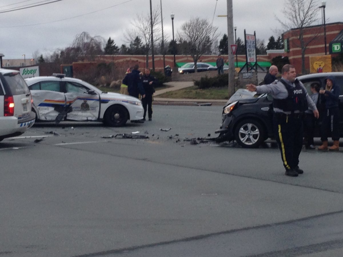 The scene of a collision between an RCMP cruiser and two civilian vehicles on April 16, 2016. 