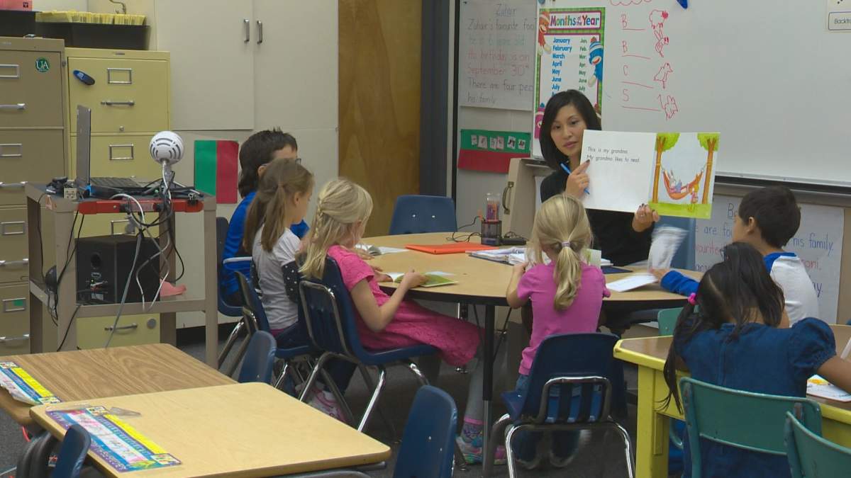 A teacher and students are pictured here in a Nova Scotia classroom. Nova Scotia teachers have been in a labour dispute with the province for several months.