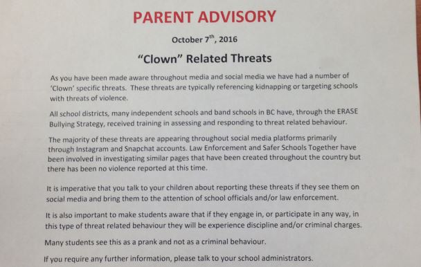 A 'clown related threats' advisory has been sent home with students from school district 67.