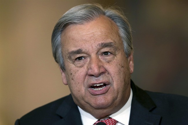 In this Oct. 6, 2016 file photo, former Portuguese Prime Minister Antonio Guterres reads a statement at Necessidades Palace in Lisbon after the U.N. Security Council's selection of Guterres as next U.N. Secretary General. The United Nations' 193-member states are expected to appoint Guterres as the world body's next secretary-general on Thursday, Oct. 13, 2016.