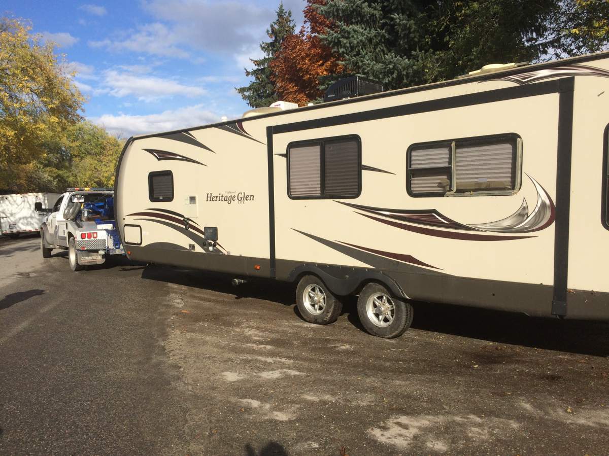 Police seized this travel trailer from a Hells Angels' clubhouse in Kelowna Tuesday.