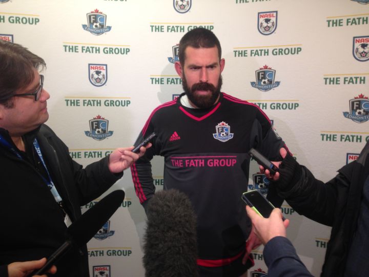 FC Edmonton keeper Matt VanOekel speaks to reporters after he helped the Eddies earn a playoff berth with a clean sheet on Oct. 9, 2016.
