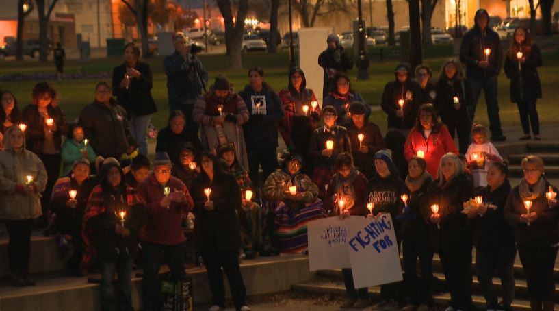 Hundreds gather to light candles in honour of MMIW for the Sisters in Spirit vigil.