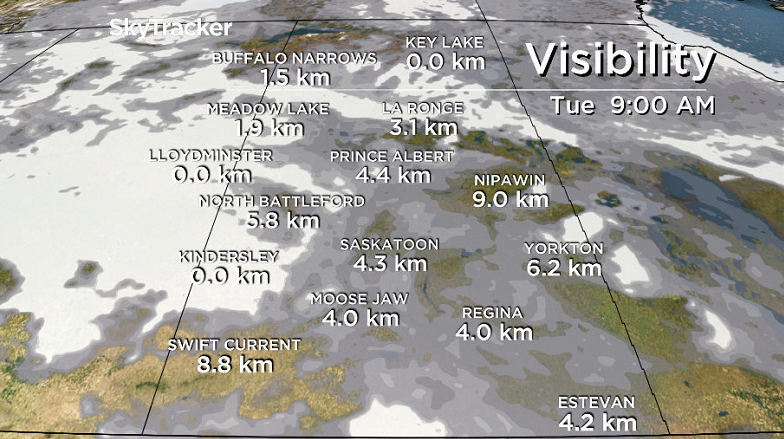 Near zero visibility is possible near the Alberta border Tuesday morning.