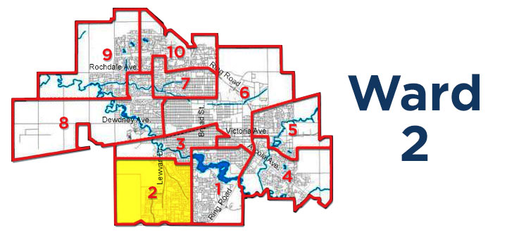 Ward 2 is found in Regina’s southwest corner. Regina Avenue borders it to the north, with Albert Street to the east.