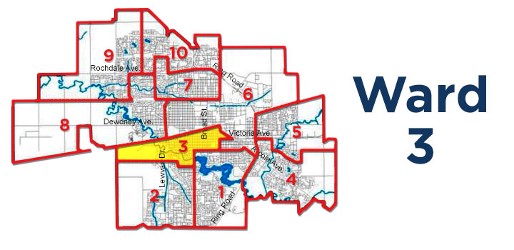 Ward 3 is in central Regina. South of the CP rail tracks, the ward stretches from the Heritage neighbourhood, just east of downtown, down to the Cathedral neighbourhood and west to the city boundaries.