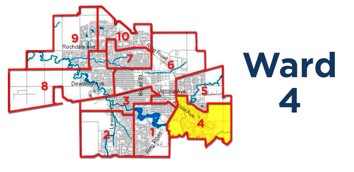 Ward 4 makes up the southeast corner of Regina, bordered by Ring Road to the west and the city limits to the east and south.