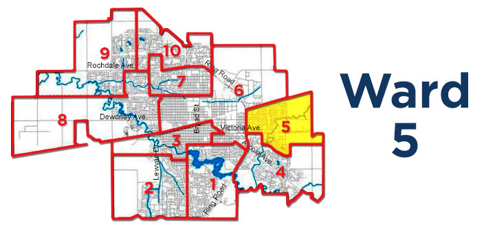 Ward 5 is bordered to the north by the CP rail tracks and stretches from Park Street East to the city limits.