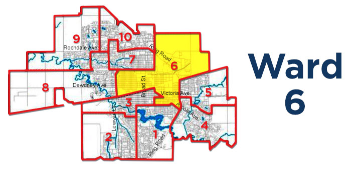Ward 6 is the largest in the city, encompassing the North Central Neighbourhood and the Warehouse District, all the way out to the industrial area in the northeast corner of Regina.