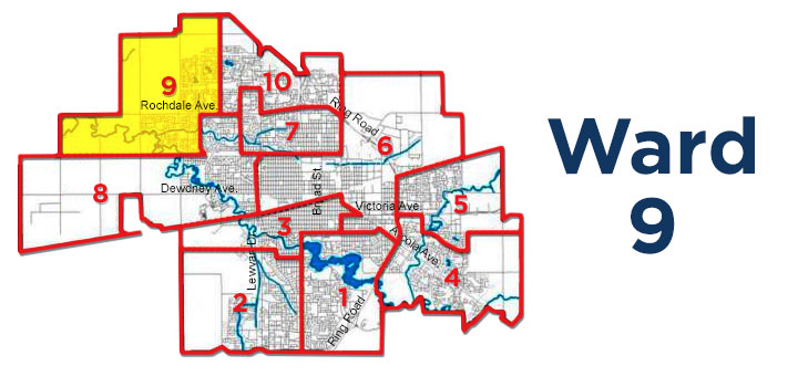 Ward 9 is located in northwest Regina. It’s bordered by the city limits to the north and west, First Avenue, and McCarthy Boulevard to the east and south.
