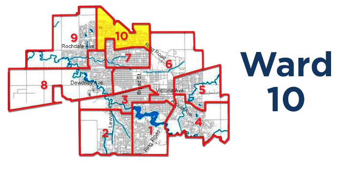 Ward 10 is located in north Regina. It is bordered by Winnipeg Street to the east, Mccarthy Boulevard to the west, the city limits to the north and the Ring Road to the south.