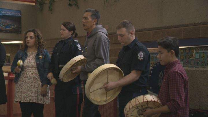 Drummers perform as the Edmonton Police Service is given an award for its work with indigenous youth. Oct. 26, 2016.