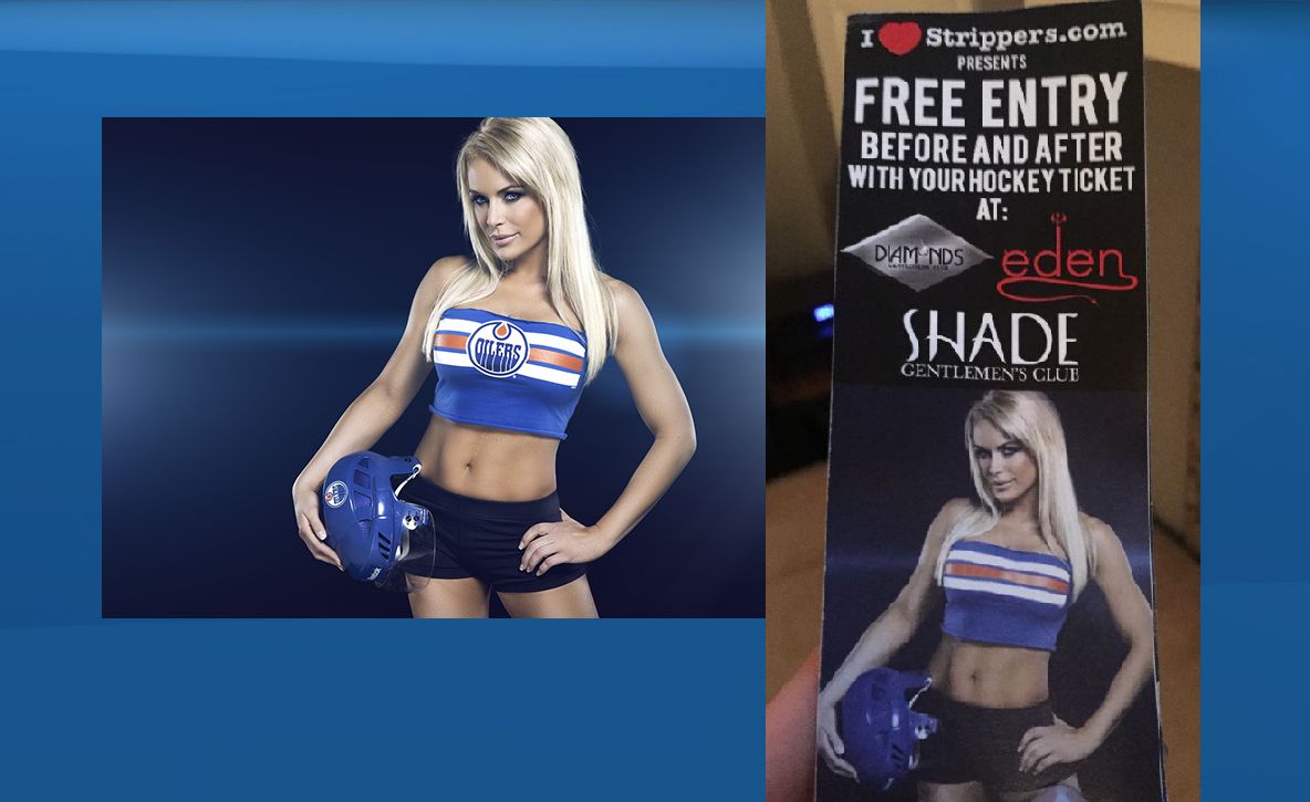 Colwell's photo in the 2012 Edmonton Oilers Octane calendar and her photo in the flyer.