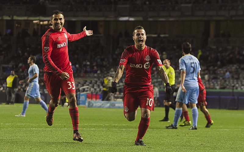 Toronto FC Sebastian Giovinco center right, celebrates his goal during a MLS second leg eastern semifinals soccer match against New York City FC in New York, Sunday, Nov. 6, 2016. 