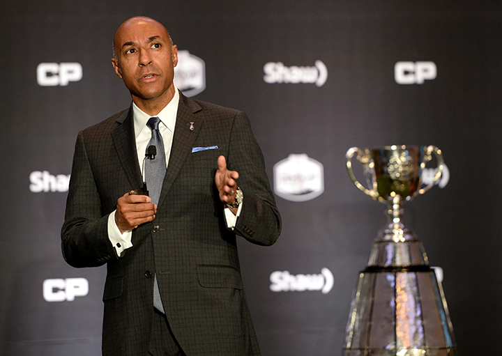 CFL commissioner Jeffrey Orridge addresses guests during the annual "state of the league" speech, in Toronto on Friday, November 25, 2016. 