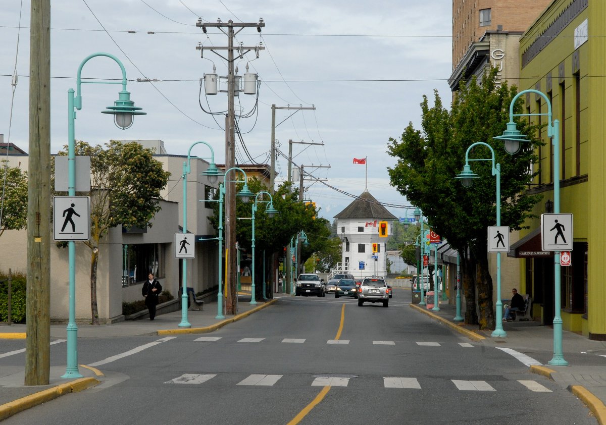 A view down Bastion Street to The Bastion, built in 1853 as part of the Hudson Bay Company fort, in Nanaimo, British Columbia, Canada. 