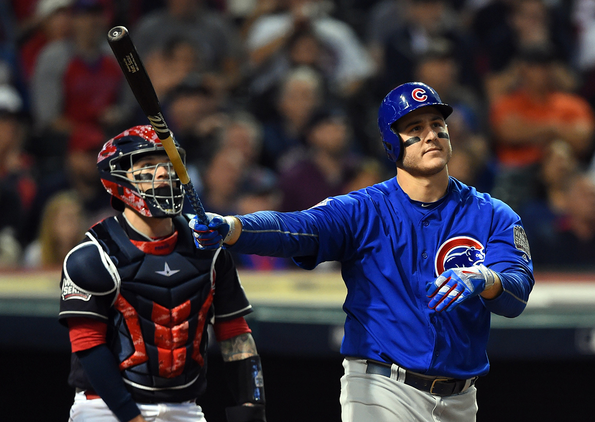 Chicago Cubs first baseman Anthony Rizzo hits a two-run home run against the Cleveland Indians in the 9th inning in game six of the 2016 World Series at Progressive Field.