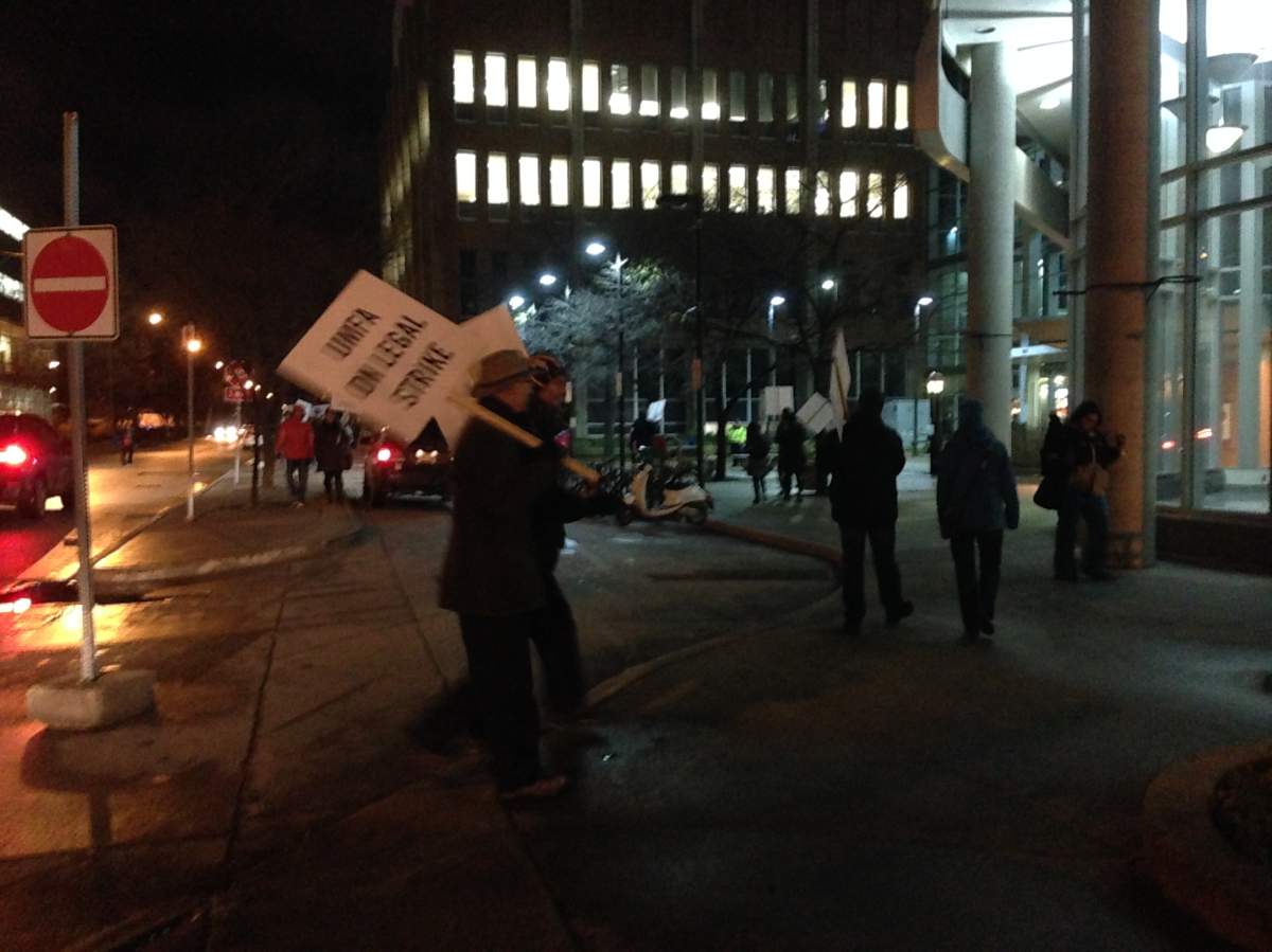 Faculty on strike at the Bannytyne campus Tuesday morning.