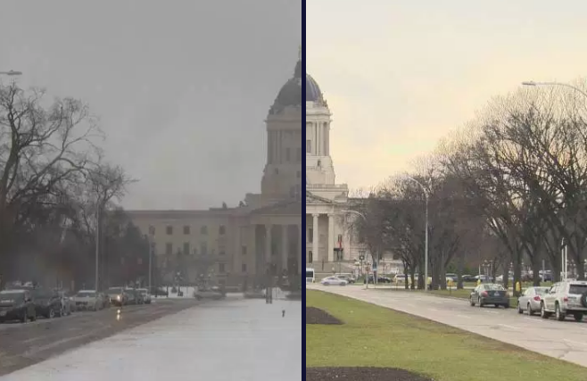 Before and after the first major snowfall in Winnipeg in November. 