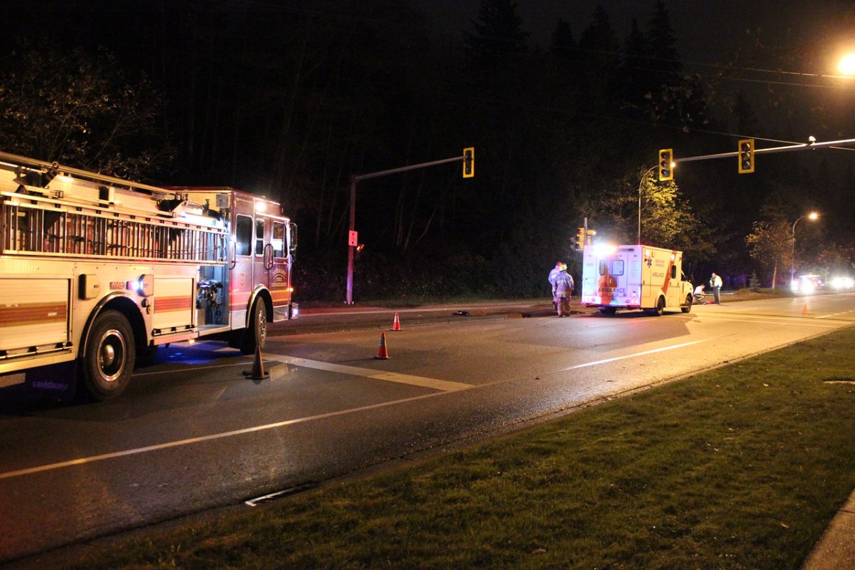 Emergency crews on scene after a pedestrian was hit on Burnaby Mountain Parkway Monday night.
