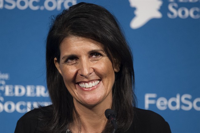 South Carolina Gov. Nikki Haley smiles while speaking at the Federalist Society's National Lawyers Convention in Washington in this Nov. 18, 2016 photo.