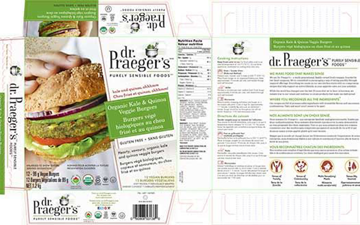 A package of Dr. Praeger's Organic Kale & Quinoa Veggie Burgers. The CFIA has issued a recall warning over undeclared egg in the product.