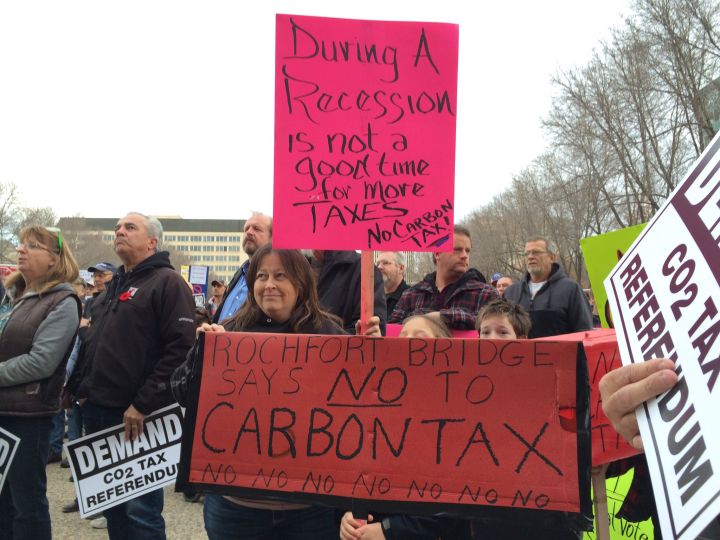 A rally was held at the Alberta Legislature grounds Saturday, Nov., 5, 2016, with people calling for a referendum on the Alberta NDP's carbon tax. 